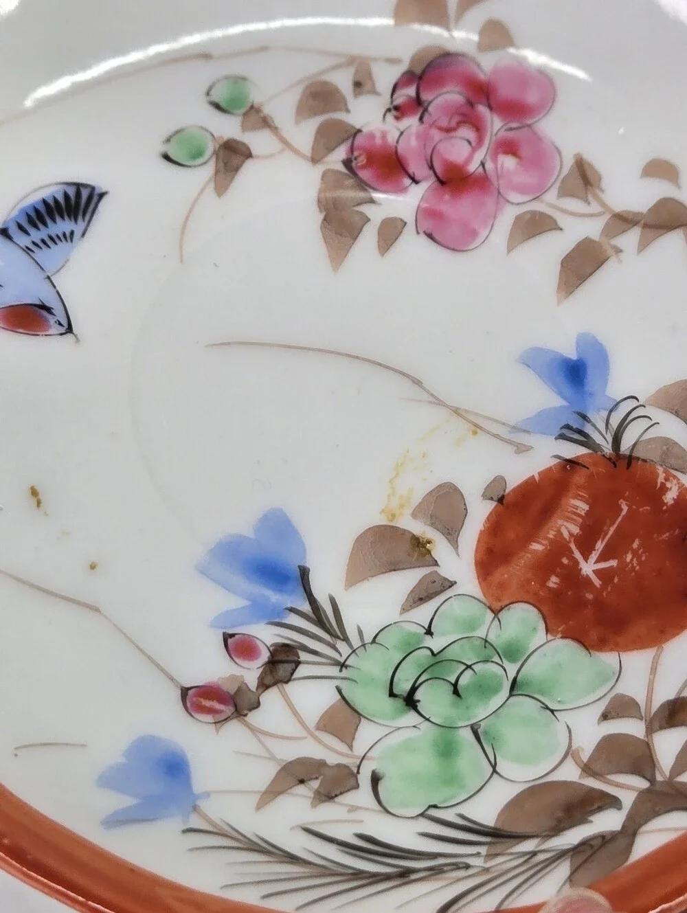 Antique Japanese Kutani‎ Porcelain Small Dish Bird Floral Red Rim Saucer Plate